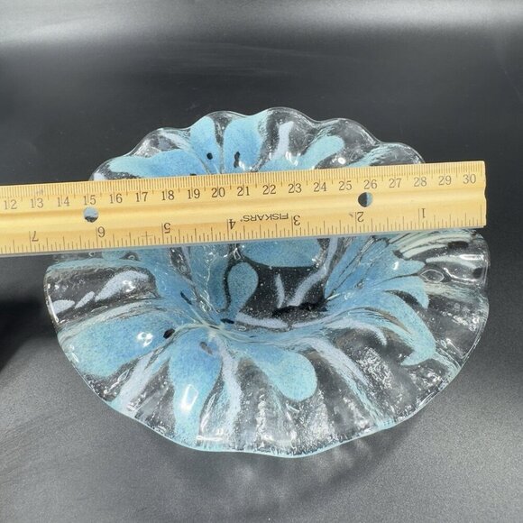 Sydenstricker Bowl Dish Fused Art Glass Ruffled Bowl Clear Blue Flowers Signed - Picture 3 of 15